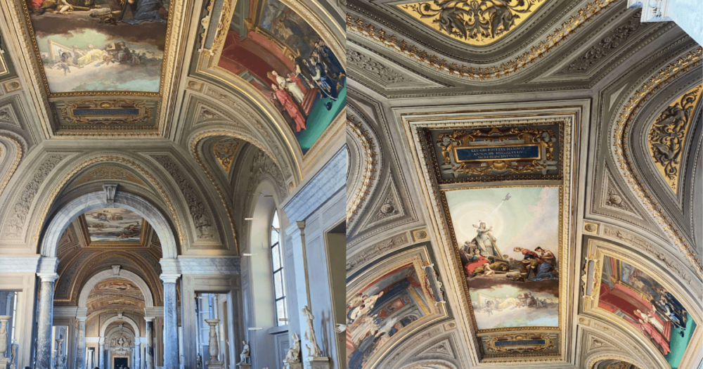 Gorgeous detailed ceiling work and works of art. Rome, Italy.