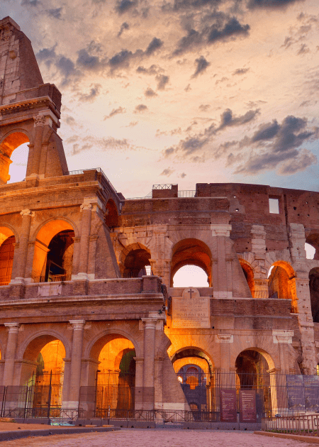 Colosseum at sunset, Rome. Rome best known architecture and landmark. Rome Colosseum is one of the main attractions of Rome and Italy.