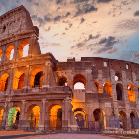 Colosseum at sunset, Rome. Rome best known architecture and landmark. Rome Colosseum is one of the main attractions of Rome and Italy.