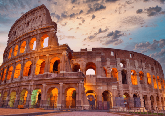 Colosseum at sunset, Rome. Rome best known architecture and landmark. Rome Colosseum is one of the main attractions of Rome and Italy.