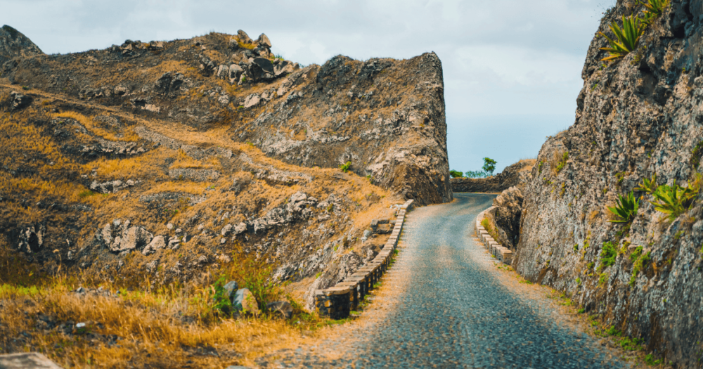 Santo Antao island, Cape Verde. Local road on Delgadinho mountain ridge leading to Ribeira Grande. Everything Travel - Forever Living Yes.