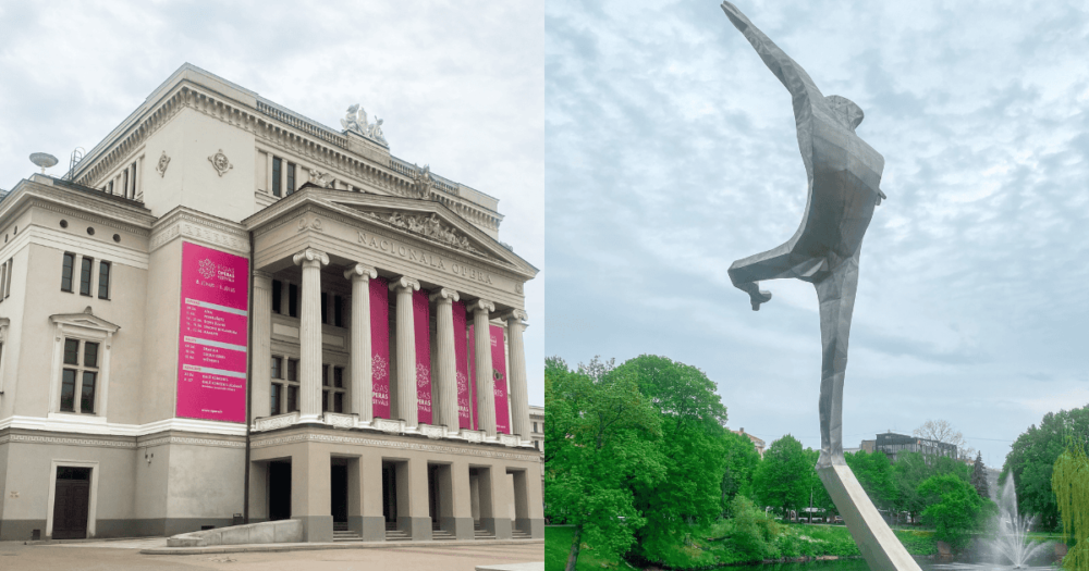 National Opera & Ballet Building and the Statue of Leipa. Riga, Latvia.