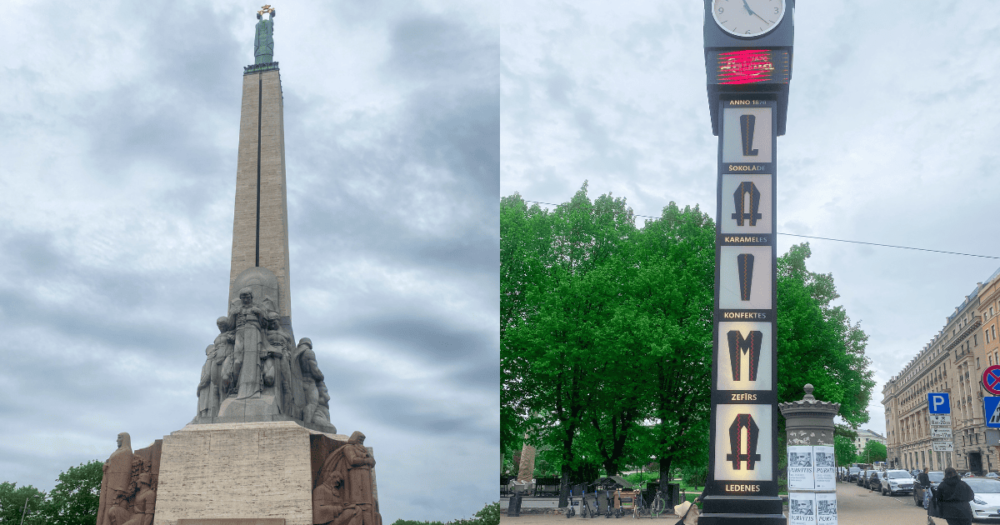 Freedom Monument and the Laima Clock nearby. Latvia, Riga.