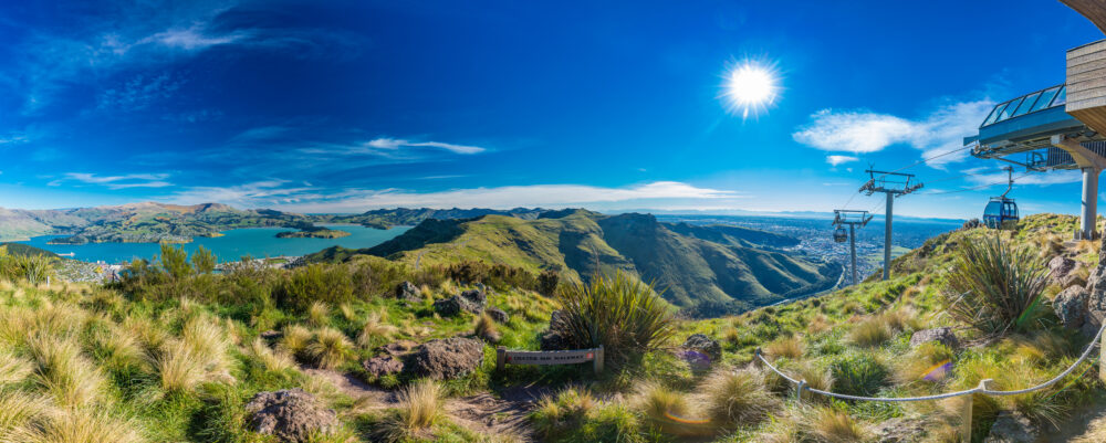 Christchurch Gondola and the Lyttelton port from Port Hills in New Zealand, South Island