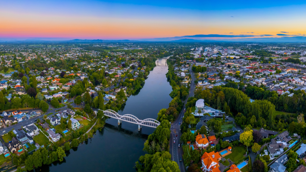 panoramic view over the city of Hamilton, in the Waikato region of New Zealand. Everything travel, Oceania. Forever Living Yes.