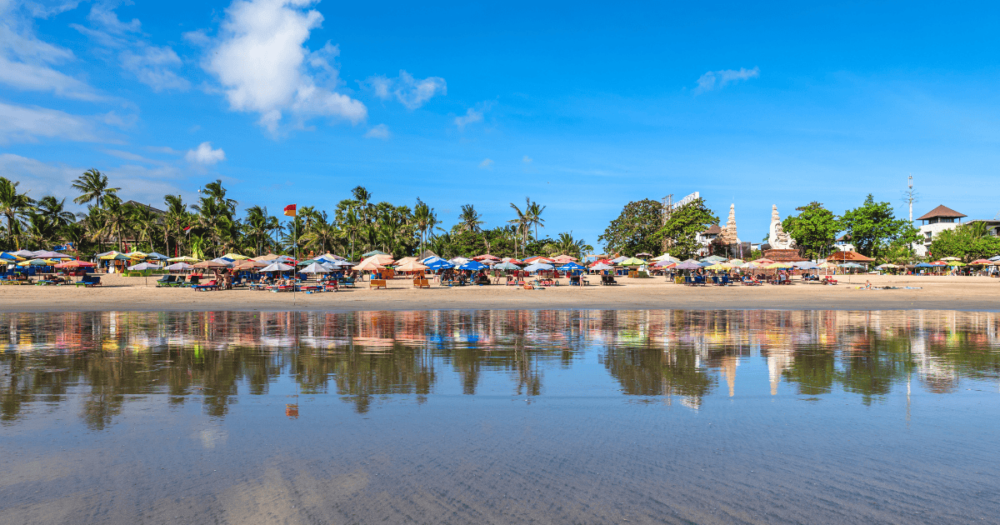 Scenery of Kuta Beach at Badung Regency, southern Bali, Indonesia. Things to do and places to stay.