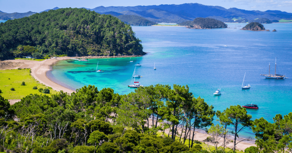 View of Bay of Islands, North Island, New Zealand from viewpoint, a popular tourist attraction with turquoise waters reached only by boat